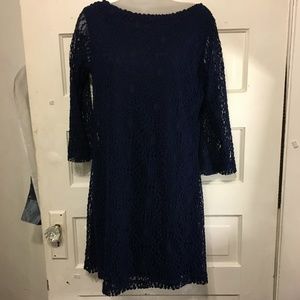 Sharagano Sz 8 Dress Navy Crochet Overlay Long Sl
